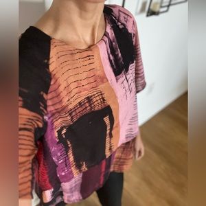 Pink, orange and black color block short sleeve blouse